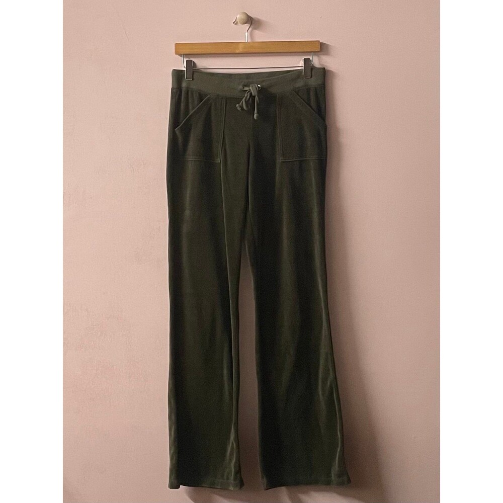 Cello Sport Dark Olive Green Velour Wide Leg Track Pants Size L GUC